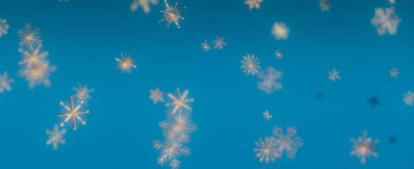 Parlak mavi bir arkaplana düşen kar tanelerinin yakın plan görüntüsü.