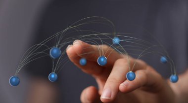 Dijital ağ konsepti el sanal bağlantı noktalarına dokunuyor