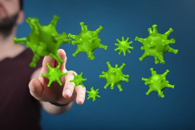 Yeşil virüse dokunmak, sağlık konsepti, hastalık yayılması, koronavirüs enfeksiyonu.