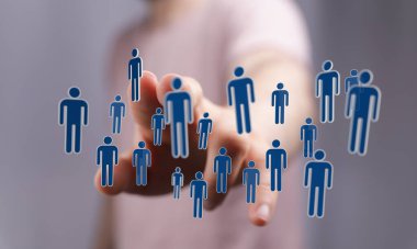 Ekranda dijital simgelerle gösterilen insan bağlantı ağı kavramı