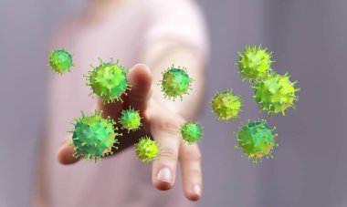 Yüzen virüs çizimine dokunmak hastalık konseptini yayıyor