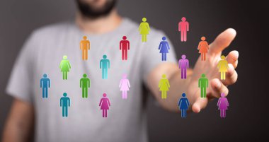 Takım çalışması, ağ ve iletişimi temsil eden çeşitli kişilere bağlı