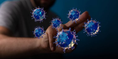 Virüsün insan eliyle, bilimle ve sağlık sistemiyle kavramsal temsili.