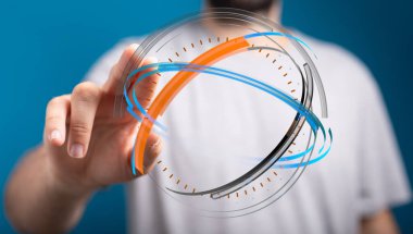 İnsan eli değmesi ile soyut Küresel Dijital Ağ Kavramı. Yenilik ve Bağlantı.