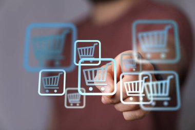 Dokunma Dijital Alışveriş Arabası Simgeleri: E-ticaret, Çevrimiçi Ticaret, Satın Alma, Satın Alma Konsepti