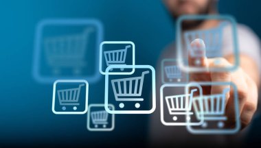 Çevrimiçi alışveriş kavramı ve dijital araba simgesini gösteren kişi