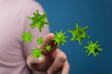 Yeşil soyut virüs el kavramının bir parmağına dokunuyor
