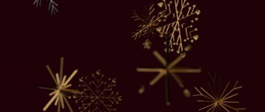 Noel için koyu kırmızı zemin üzerinde soyut altın kar taneleri