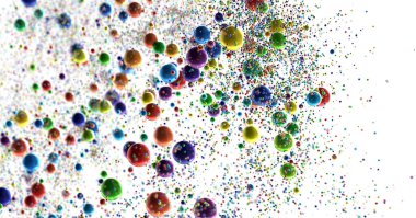 Beyaz uzayda yüzen canlı renkli küreler