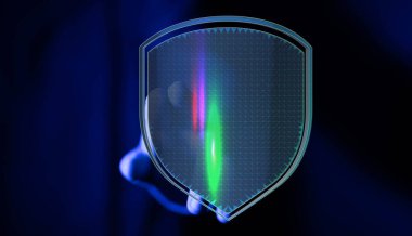 Verileri korumak ve güvenliği çevrimiçi olarak iletmek için soyut dijital kalkan.