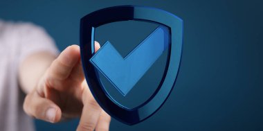 İşaretli dijital kalkana dokunmak, siber güvenlik kavramı.