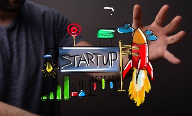 Roket fırlatma ve başarılı büyüme illüstrasyonuyla başlangıç kavramı