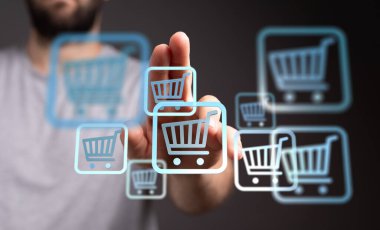 Çevrimiçi iş için dijital alışveriş arabası simgeleriyle etkileşim