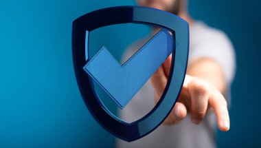 Mavi kalkanı işaret eden adam, veri güvenliği konsepti, güvenlik garantisi