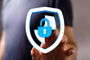 Veri koruması ve Siber Güvenlik: Kilit simgesi ile parmaklar sanal kalkanlara dokunuyor