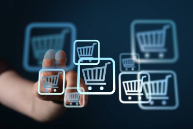 Dijital el arabası sembolleri ve parmak ucu ile çevrimiçi alışveriş kavramı