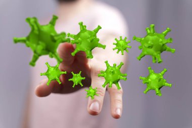 Dijital Yapılandırılmış Yeşil Virüsler Bir İnsan Eline Yaklaşıyor