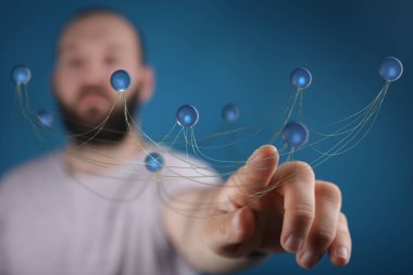 Birbirine bağlı kürelerin dijital ağına dokunan adam teknoloji kavramı