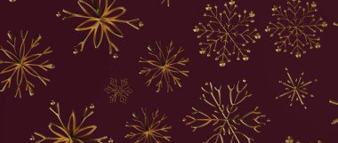 Koyu kırmızı arka planda zarif altın kar taneleri deseni