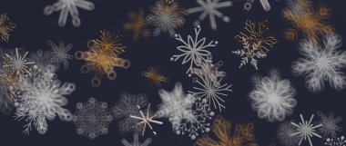 Koyu mavi üzerine soyut kar taneleri deseni, kış tasarımı, şenlikli arka plan