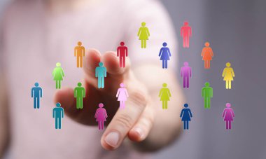 Renkli simgeler kullanan insanlarla iletişim ve işbirliği konsepti