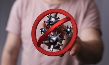 Coronavirus yasaklı işaret ve el ile tehlikeyi durdurma kavramı