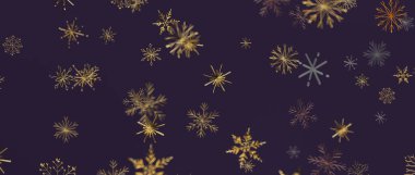 Kış tatili için koyu mor arka planda zarif altın kar taneleri.