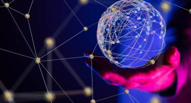 Küresel ağ Engelleme zinciri. Üç boyutlu illüstrasyon. Sinirsel ağlar ve