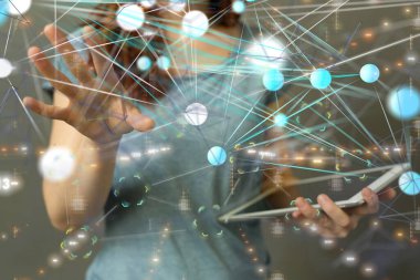 Karanlık arkaplanda noktalar olan soyut çizgiler. - Sinirsel ağ