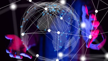 Küresel ağ Engelleme zinciri. Üç boyutlu illüstrasyon. Sinirsel ağlar ve