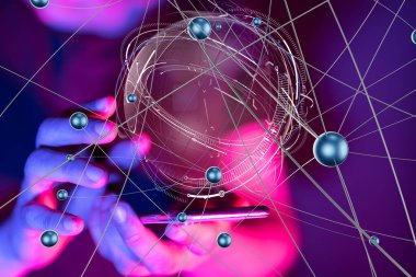 Küresel ağ Engelleme zinciri. Üç boyutlu illüstrasyon. Sinirsel ağlar ve