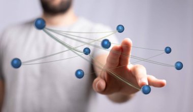 İnsanın eli bağlı kürelere dokunur, ağ konsepti