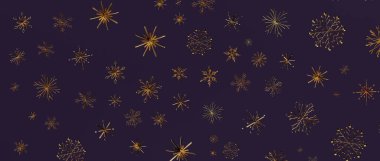 Şenlikli Tasarım İçin Koyu Mor Arkaplan Üzerine Zarif Altın Kar Tanesi Deseni