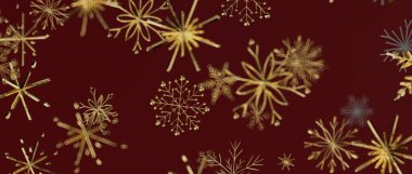 Noel ya da tatiller için kırmızı zemin üzerinde soyut altın kar taneleri