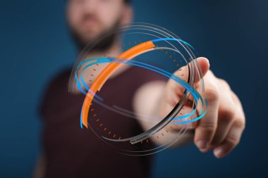 Dijital dairesel arayüz ile etkileşim halinde olan insan geleceksel teknoloji çizimi