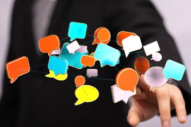 İş adamı 3B konuşma baloncukları ağına uzanıyor