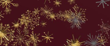 Şenlik tasarımı için koyu kırmızı zemin üzerinde soyut altın kar taneleri.