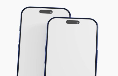 Beyaz renkli modern akıllı telefon tasarımı mavi hatlı model beyaz üzerine izole edilmiş.