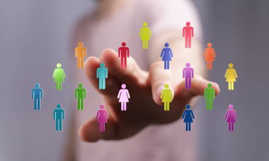 Diverse group human figures interacting through digital touch connection