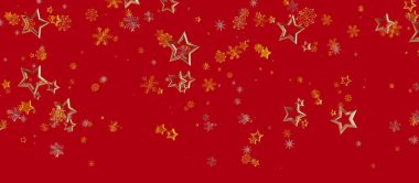 Altın yıldızların ve kırmızı üzerine kar tanelerinin Noel arkaplanı