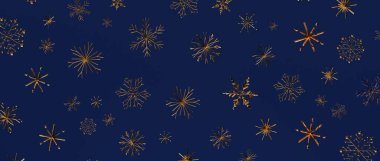 Kışın Koyu Mavi Arkaplanda Altın Kar Tanesi Kalıbı