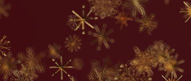 Kırmızı zemin üzerinde soyut altın kar taneleri zarafetle, bayram hissi