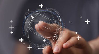 Elle dokunmalı küresel ağ bağlantısı dijital küre, gelecekteki teknoloji