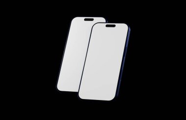 Teknoloji ve tasarımı temsil eden, boş ekranlı iki modern akıllı telefon.
