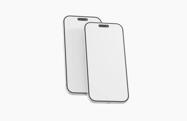 Sade arka planda iki modern beyaz akıllı telefon, teknoloji konsepti.