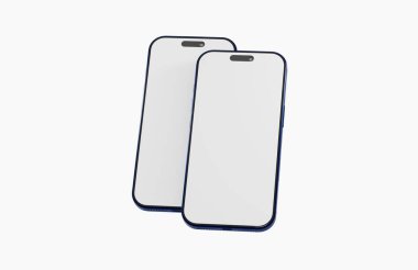 İki akıllı telefon, mavi ve beyaz ekran, teknoloji aygıtı kavramı.