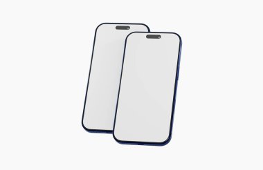 Beyaz arkaplanda iki akıllı telefon ve boş ekranlar.