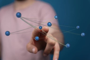 Digital network interaction, hand interacting with connection spheres