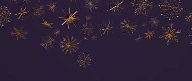 Kış temaları için zengin mor bir zemin üzerinde zarif altın kar taneleri