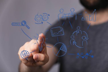 Görselleştirilmiş iş stratejisi unsurları ile etkileşime giren kişi